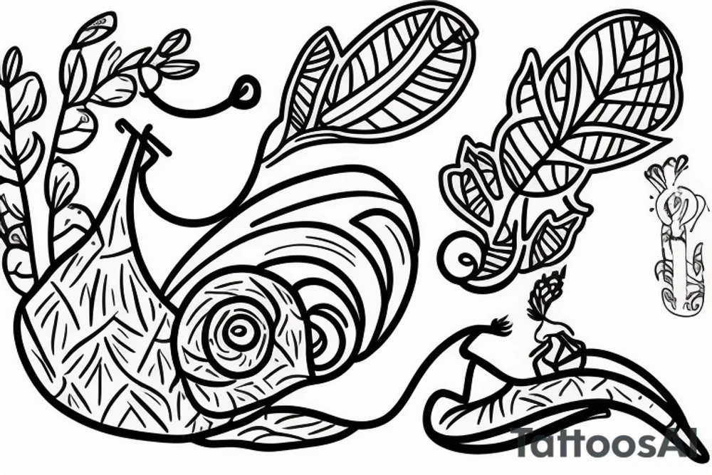 Fox inspecting a snail on a leaf tattoo idea