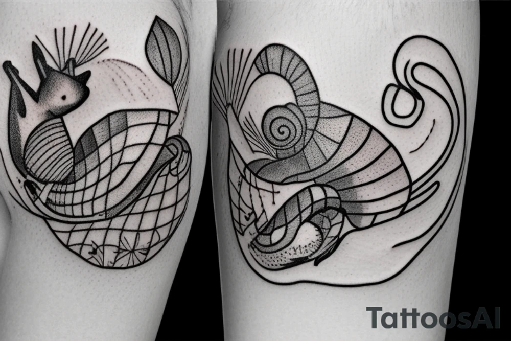 Fox inspecting a snail on a leaf tattoo idea