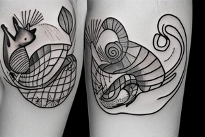 Fox inspecting a snail on a leaf tattoo idea