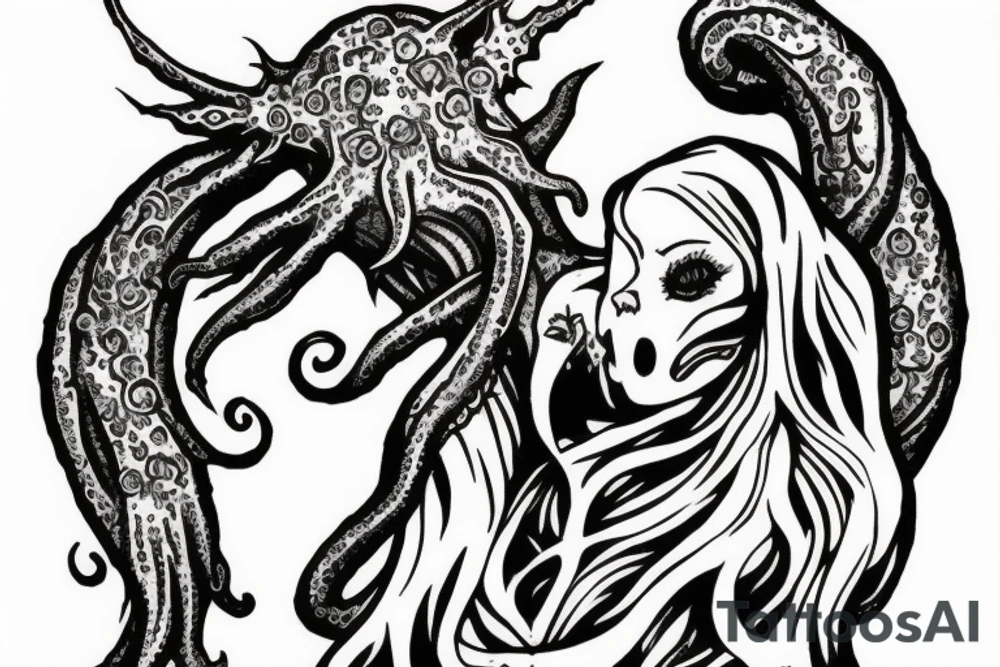 Cthulhu holding a beautiful girl in his claws tattoo idea