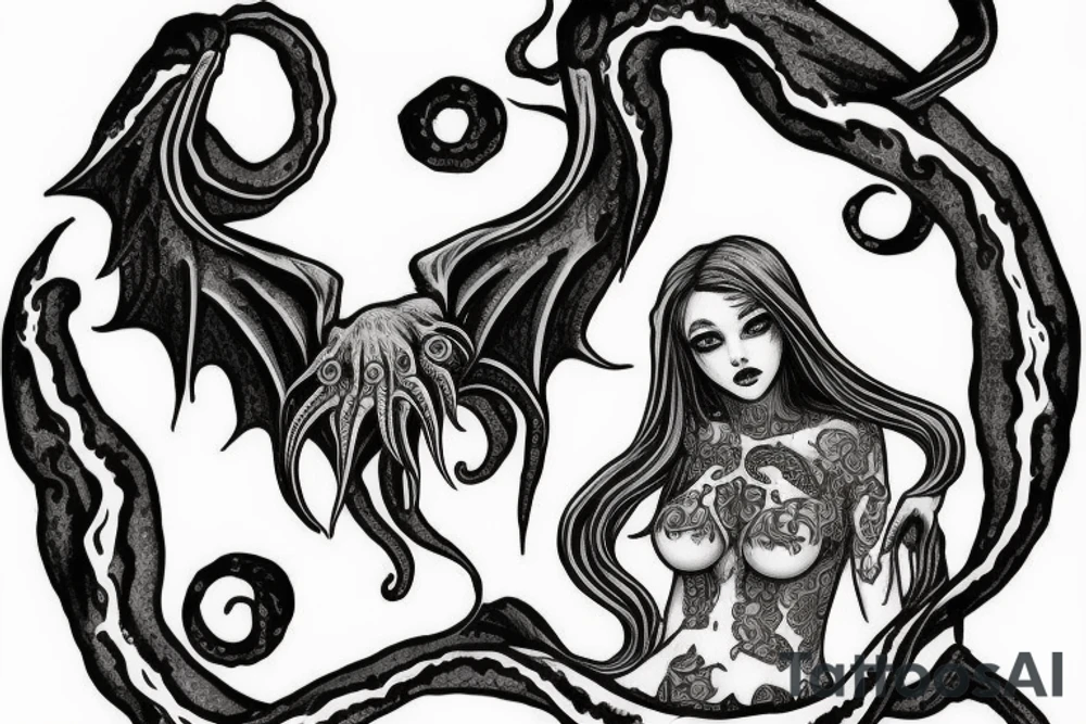 Cthulhu holding a beautiful girl in his claws tattoo idea