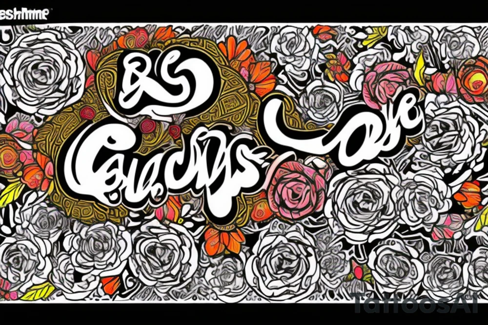 Beatmaking maschine in flowers and calligraphic text "Bobbybeats" in Egyptian style tattoo idea