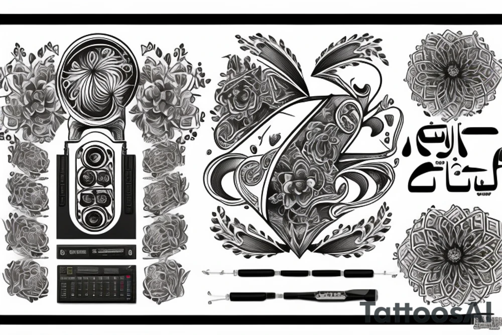Beatmaking maschine in flowers and calligraphic text "Bobbybeats" in Egyptian style tattoo idea