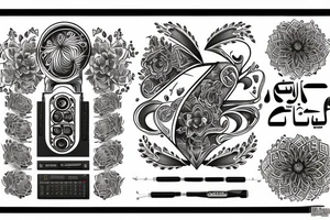 Beatmaking maschine in flowers and calligraphic text "Bobbybeats" in Egyptian style tattoo idea
