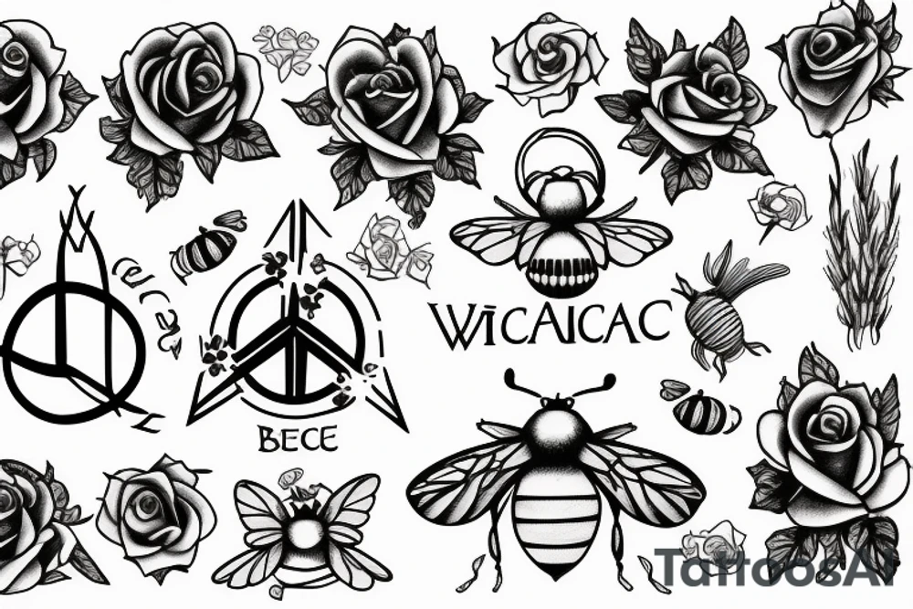 Wicca symbol for peace and baby’s breath flowers with roses and a bee tattoo idea