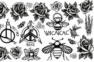 Wicca symbol for peace and baby’s breath flowers with roses and a bee tattoo idea