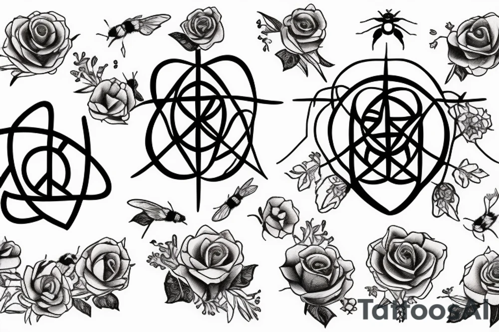 Wicca symbol for peace and baby’s breath flowers with roses and a bee tattoo idea