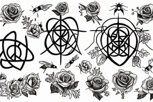 Wicca symbol for peace and baby’s breath flowers with roses and a bee tattoo idea