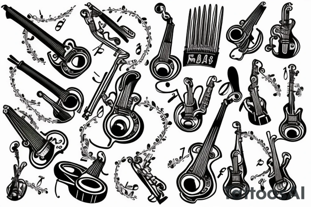 Musician instruments in flowers and calligraphic text "Bobbybeats" in Egyptian style tattoo idea