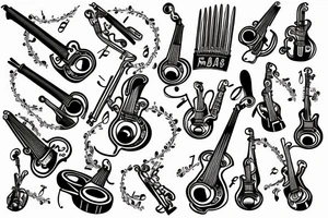 Musician instruments in flowers and calligraphic text "Bobbybeats" in Egyptian style tattoo idea