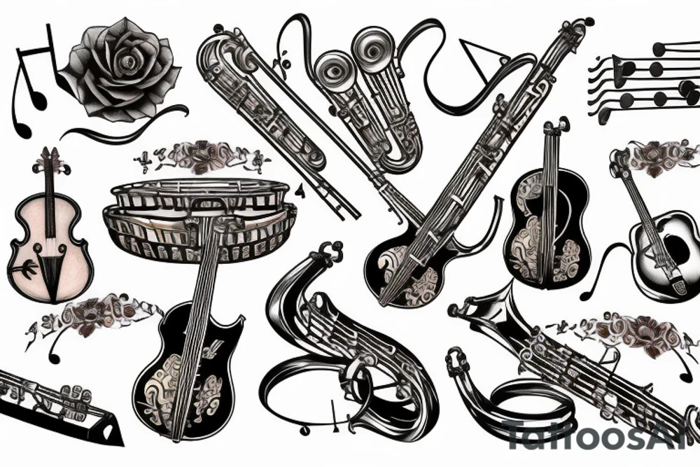 Musician instruments in flowers and calligraphic text "Bobbybeats" in Egyptian style tattoo idea