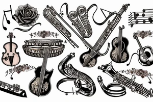 Musician instruments in flowers and calligraphic text "Bobbybeats" in Egyptian style tattoo idea