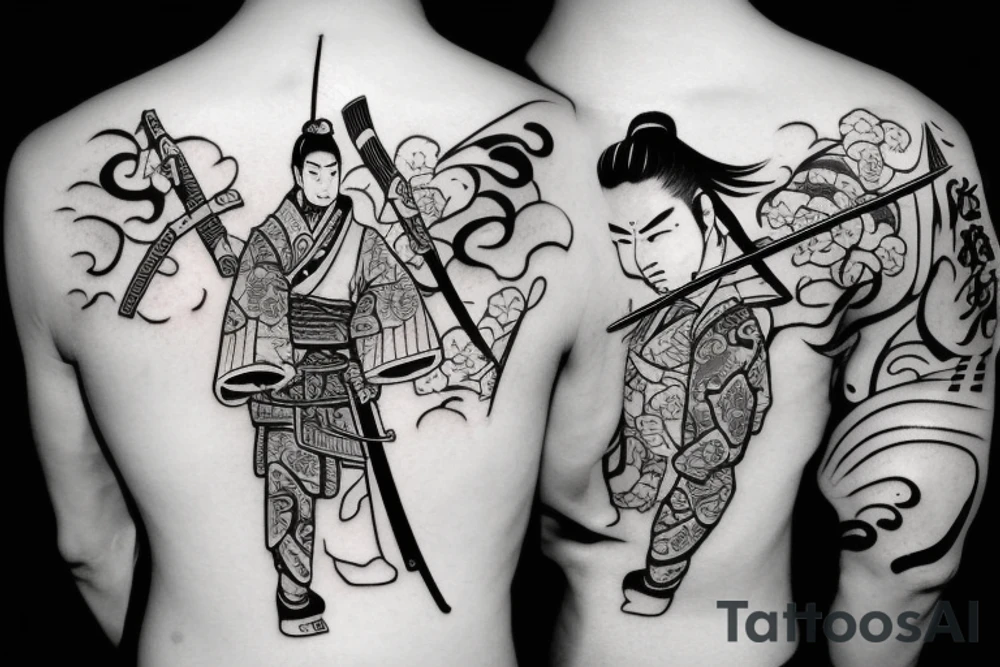 Samurai with katana and Sakura tattoo idea