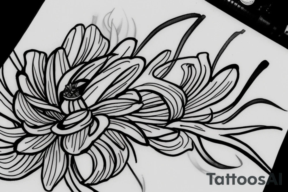 A spider lily flower overlapping a white rose with the words “quicquid capit” in all caps lettering down the stem. tattoo idea