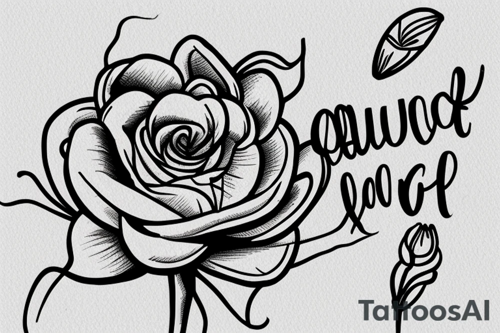 A spider lily flower overlapping a white rose with the words “quicquid capit” in all caps lettering down the stem. tattoo idea