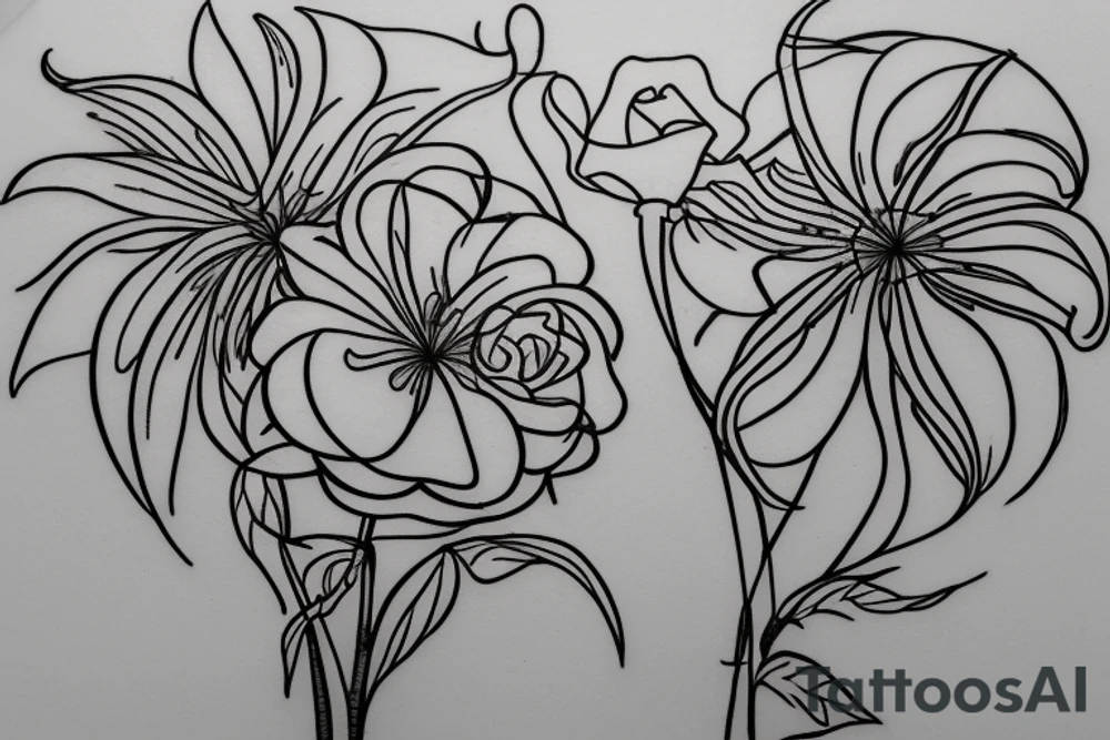 A spider lily flower and A white rose flower with intertwined stems, with “Whatever it Takes” writes down the stem. tattoo idea