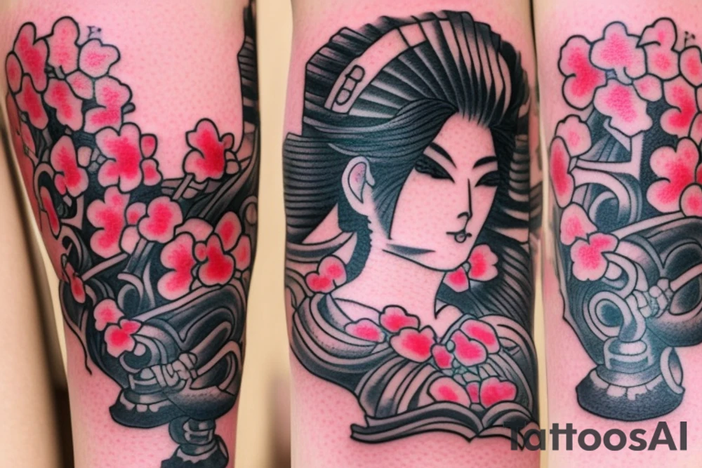 Forearm tattoo with a flintlock handgun surrounded in cherry blossoms and a warrior geisha tattoo idea