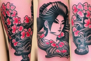 Forearm tattoo with a flintlock handgun surrounded in cherry blossoms and a warrior geisha tattoo idea