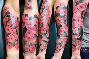 Forearm tattoo with a flintlock handgun surrounded in cherry blossoms and a warrior geisha tattoo idea