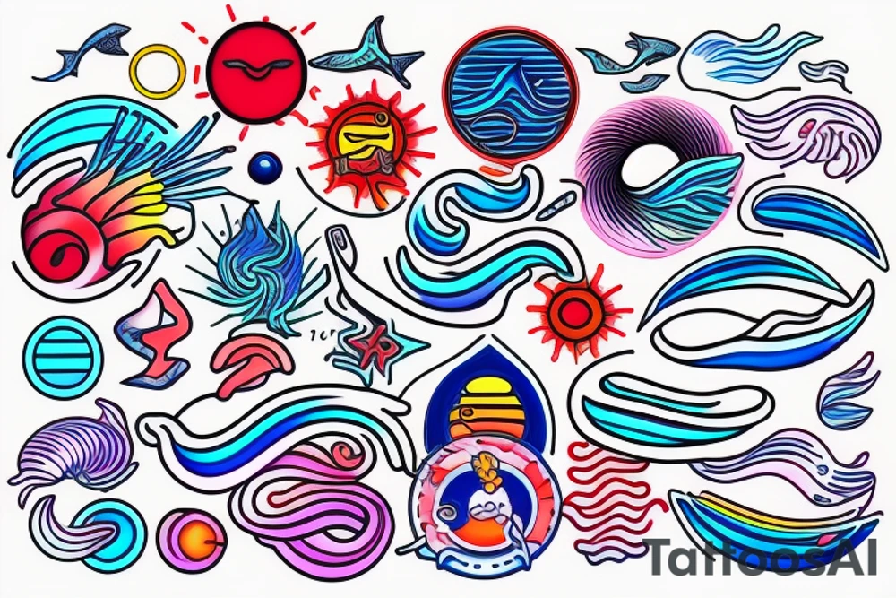 neon light ocean waves , red sun , neon light lines , blue tattoo idea