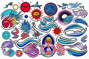 neon light ocean waves , red sun , neon light lines , blue tattoo idea
