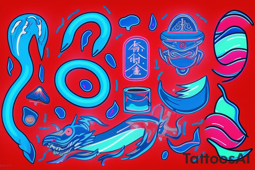 neon light ocean waves , red sun , neon light lines , blue tattoo idea