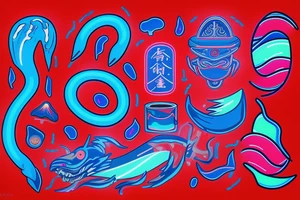 neon light ocean waves , red sun , neon light lines , blue tattoo idea