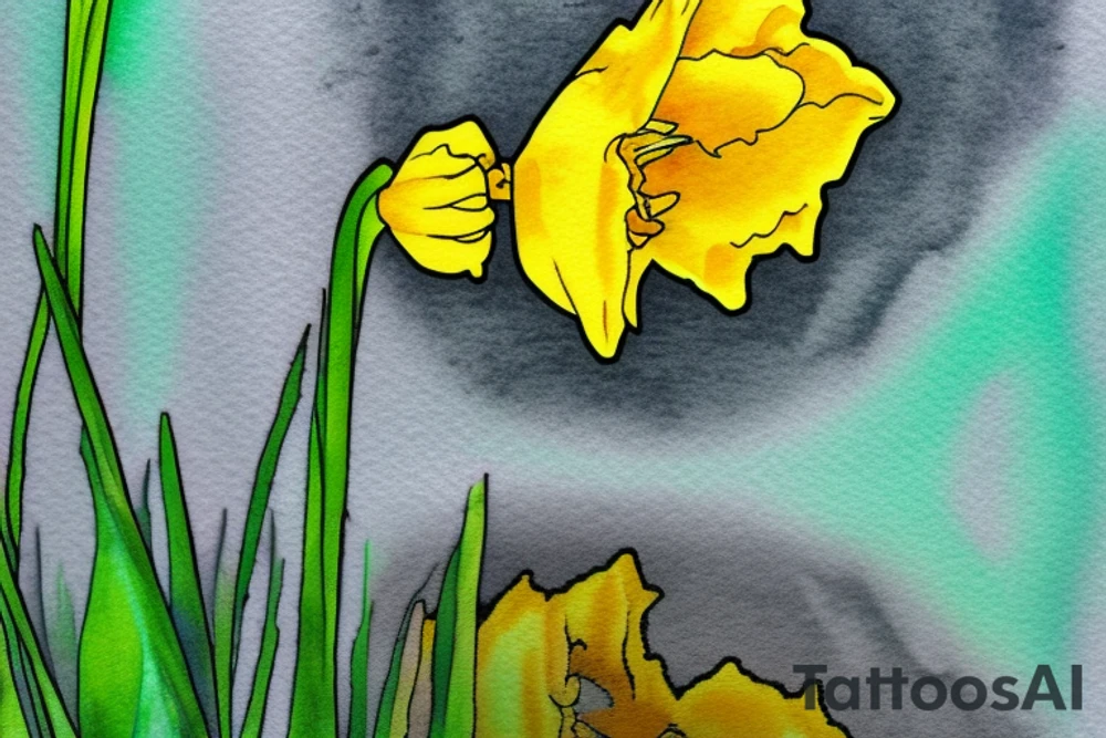 dead daffodil over water puddle reflection with healthy yellow daffodil in water reflection tattoo idea