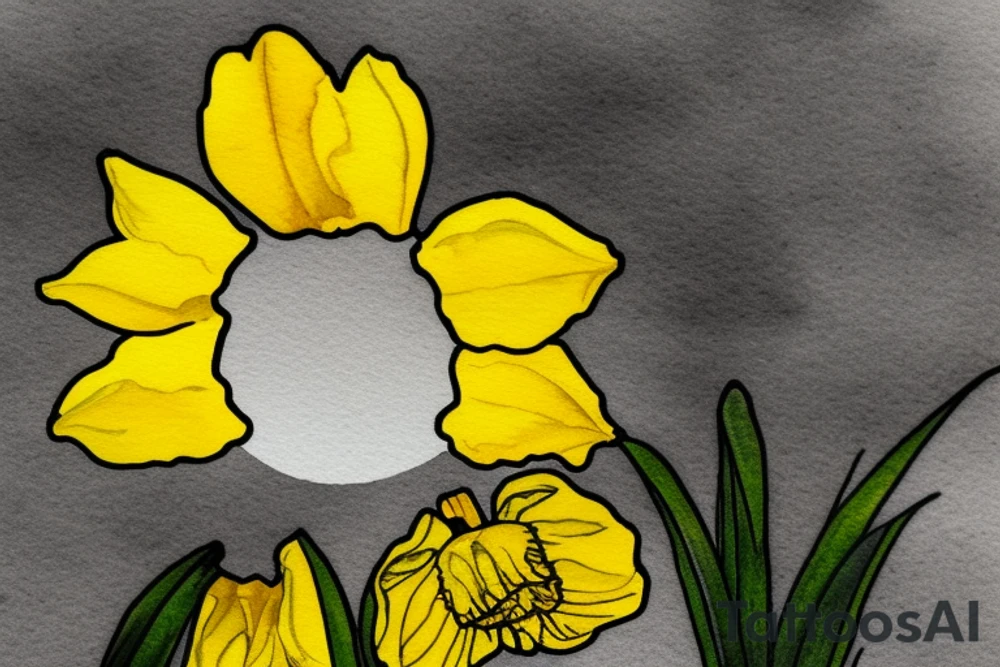 dead daffodil over water puddle reflection with healthy yellow daffodil in water reflection tattoo idea