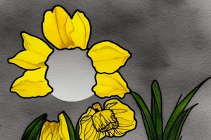 dead daffodil over water puddle reflection with healthy yellow daffodil in water reflection tattoo idea