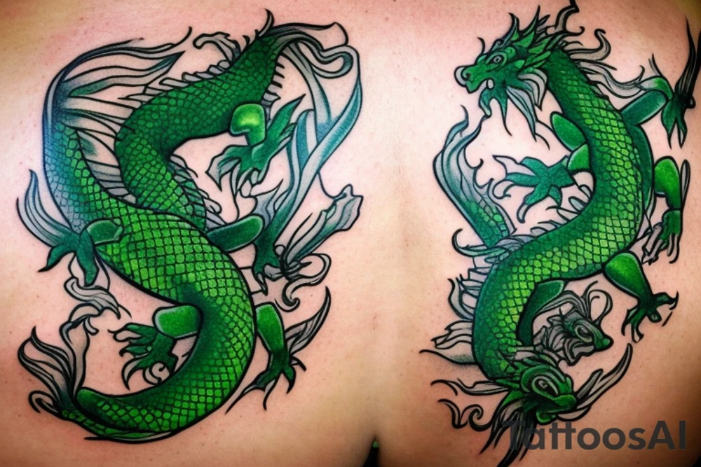 Goldfish mixed with green dragon. Big tattooo for back tattoo idea