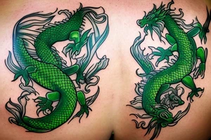 Goldfish mixed with green dragon. Big tattooo for back tattoo idea