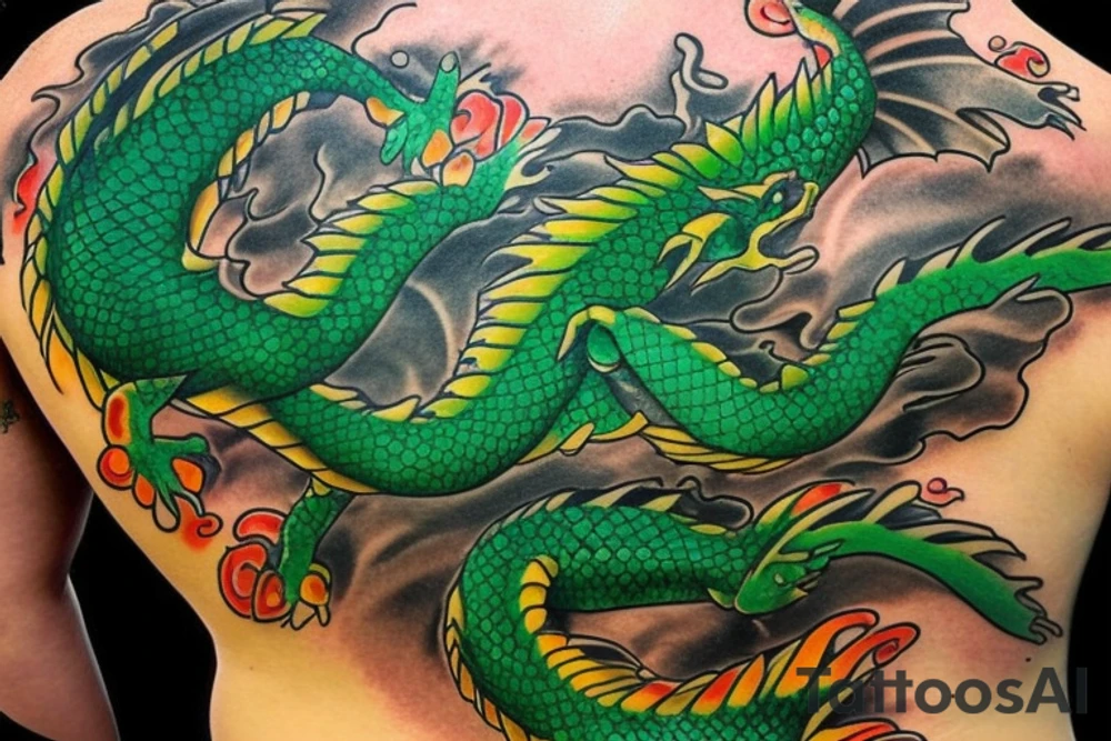 Goldfish mixed with green dragon. Big tattooo for back tattoo idea