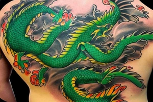 Goldfish mixed with green dragon. Big tattooo for back tattoo idea