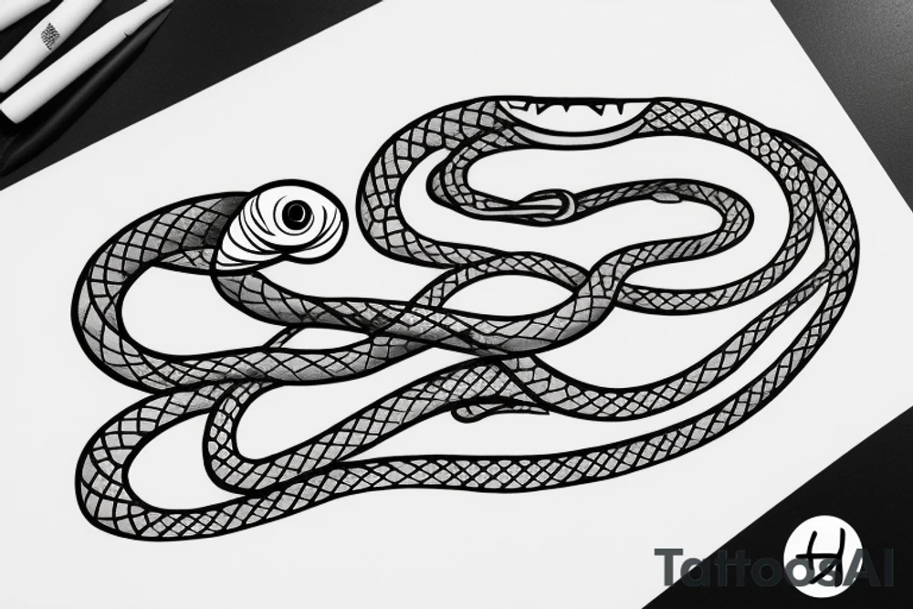 snake eating its tail, circle, yellow eye, vertical pupil, no scales, minimalism tattoo idea