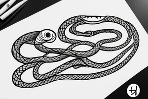 snake eating its tail, circle, yellow eye, vertical pupil, no scales, minimalism tattoo idea