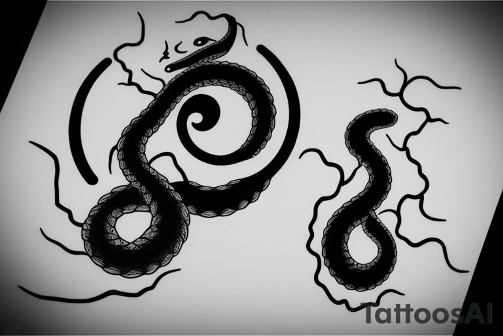 snake eating its tail, circle, yellow eye, vertical pupil, no scales, minimalism tattoo idea