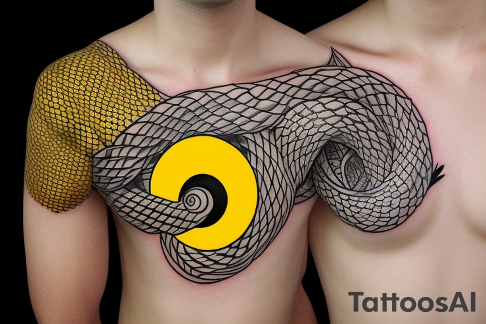 snake eating its tail, circle, yellow eye, vertical pupil, no scales, minimalism tattoo idea