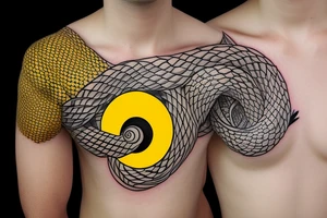 snake eating its tail, circle, yellow eye, vertical pupil, no scales, minimalism tattoo idea