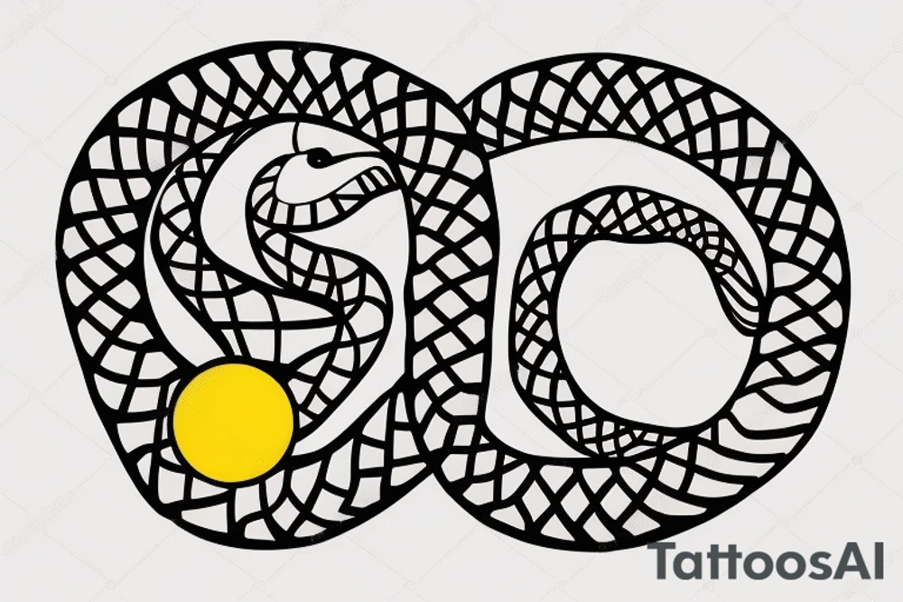 snake eating its tail, circle, yellow eye, vertical pupil, no scales, minimalism tattoo idea