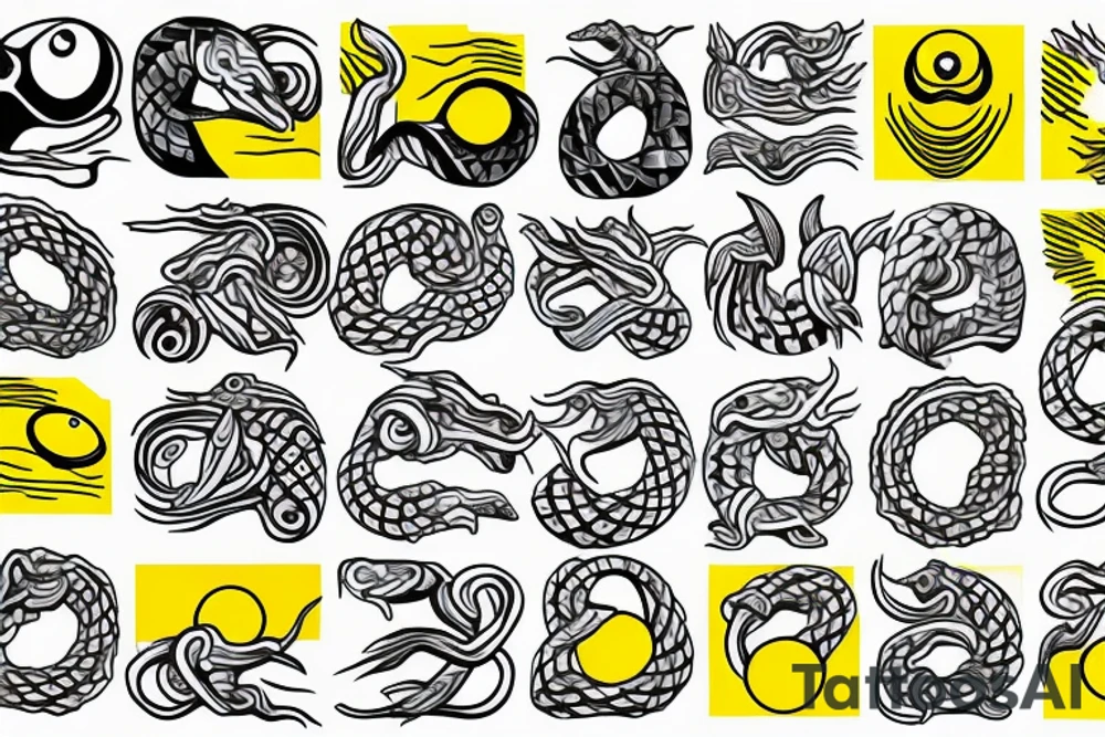 snake eating its tail, circle, yellow eye, vertical pupil, no scales, minimalism tattoo idea
