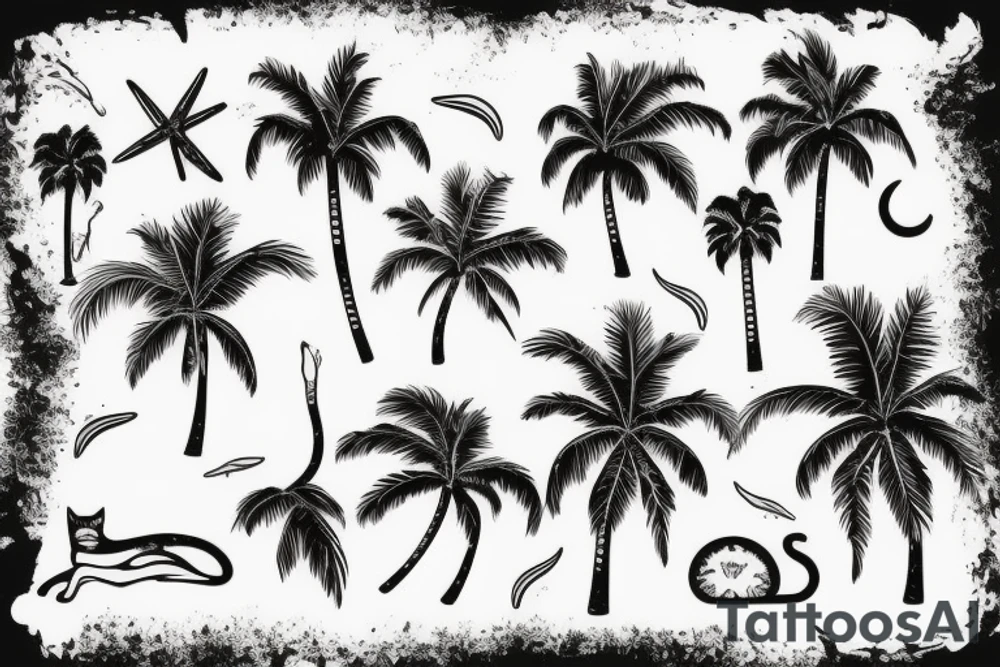 cat sitting on the beach with palm trees tattoo idea