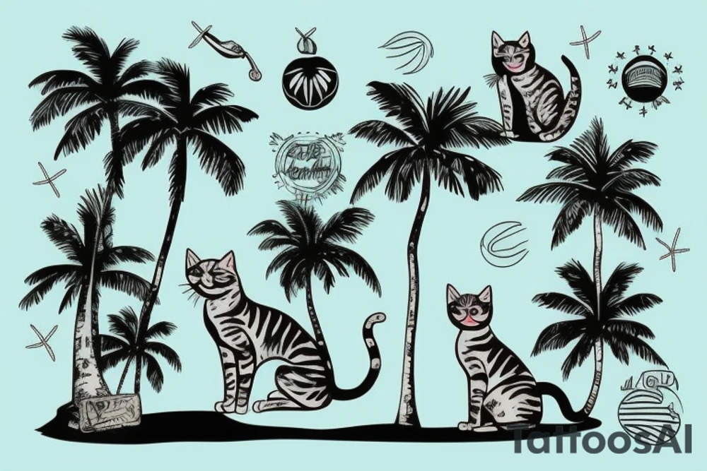 cat sitting on the beach with palm trees tattoo idea