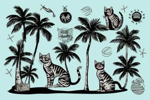 cat sitting on the beach with palm trees tattoo idea