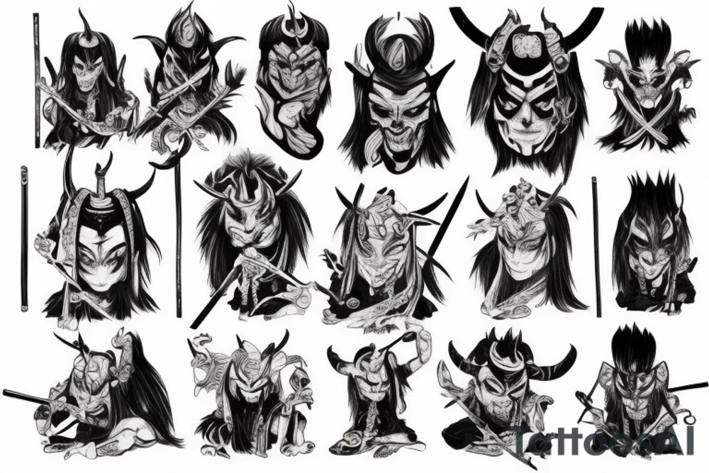 Demon samurai oni standing above campfire tattoo idea