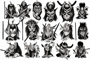 Demon samurai oni standing above campfire tattoo idea