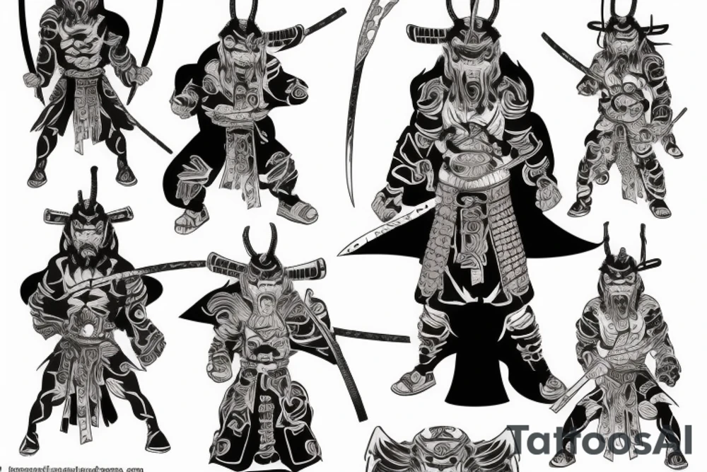 Demon samurai oni standing above campfire tattoo idea