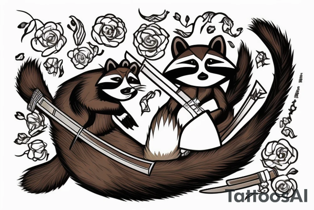 a burning raccoon sits with a katana in the ground tattoo idea