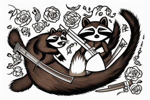 a burning raccoon sits with a katana in the ground tattoo idea