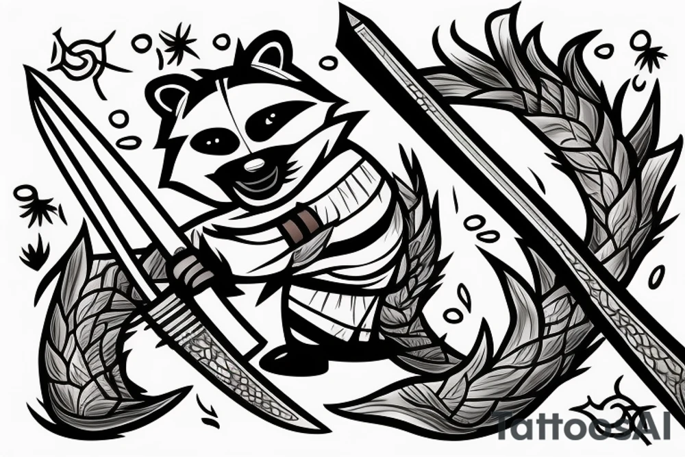 a burning raccoon sits with a katana in the ground tattoo idea